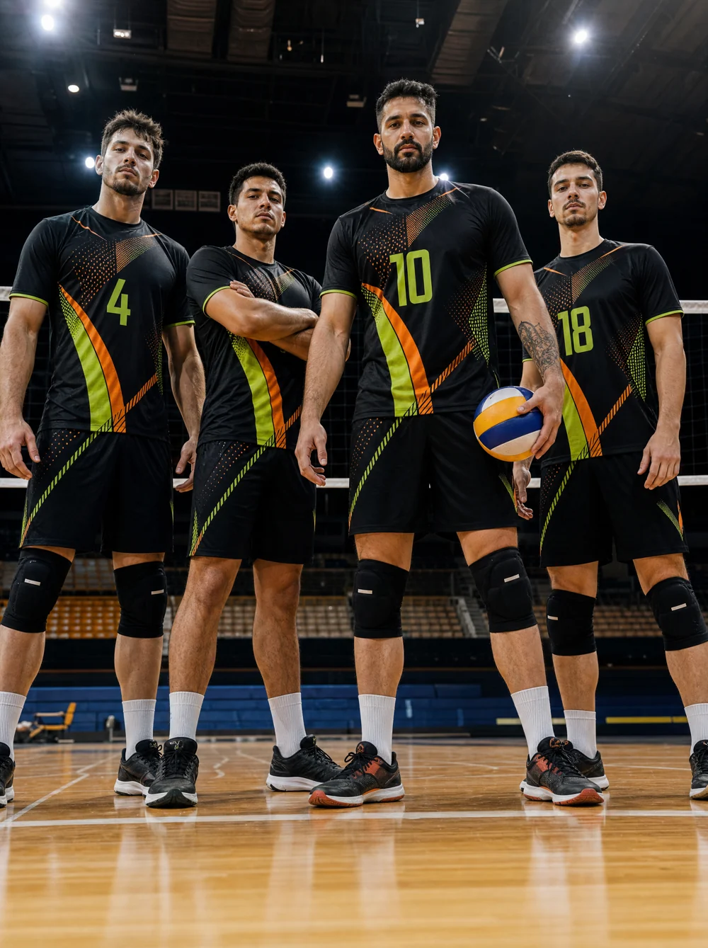 Time masculino de vôlei de quadra em ângulo heroico com uniforme personalizado