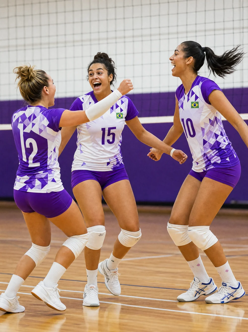 Time feminino de vôlei de quadra com uniforme roxo e branco comemorando ponto