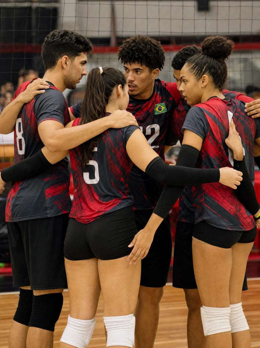 Time misto de vôlei de quadra em roda com uniforme vermelho e cinza