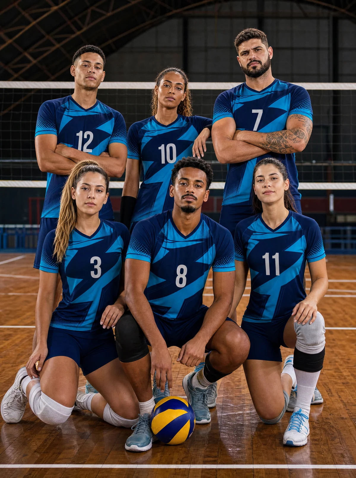 Time completo de vôlei de quadra uniformizado no ginásio com uniforme personalizado da Eu Faço Camisetas